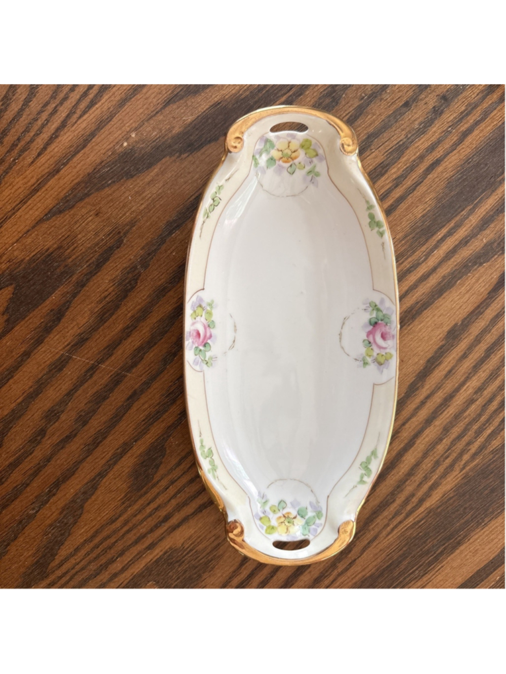 Vintage NIPPON Hand Painted Oval Serving Dish Flowers Gold Trim Edges